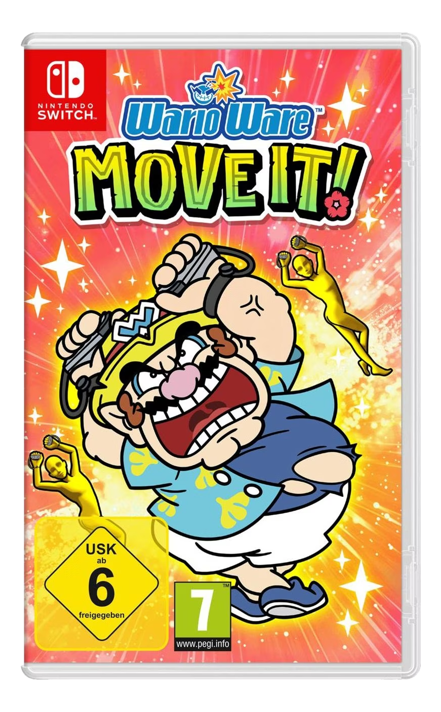 Spielbox: Wario Ware Move It! auf rotem und orangefarbenem Hintergrund. Wario ist vorne.