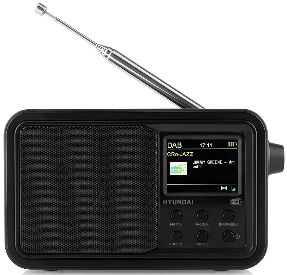 Czarny radio DAB z ekranem i anteną. Wyświetla 'Cro-Jazz' i 'Jimmy Greene'.