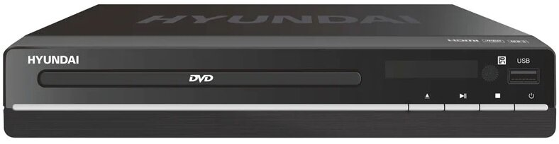 Czarny odtwarzacz DVD Hyundai z portem USB i wyświetlaczem na białym tle.