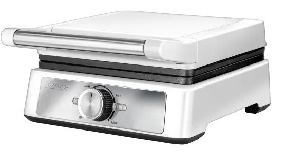 Biała prasa do panini z pokrętłem i uchwytem.