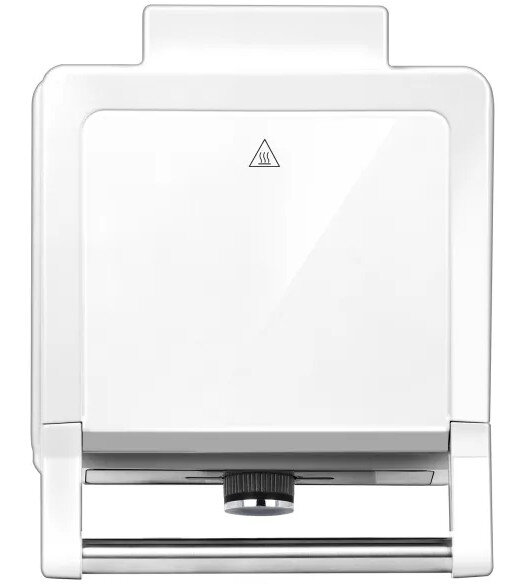 Biała gofrownica z uchwytem i symbolem ciepła. Górna część jest zamknięta.