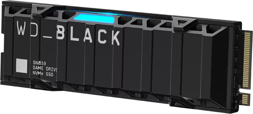 Fekete WD_BLACK SN850 Game Drive NVMe SSD kék fénnyel.