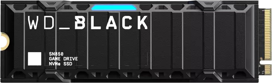 WD Black SN850 NVMe SSD, fekete ezüst díszítéssel, fehér háttérrel.