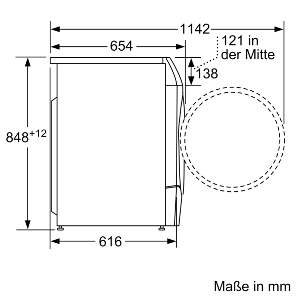 Ein Diagramm einer Waschmaschine mit Abmessungen in mm. Die Maschine ist weiß.
