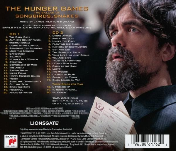 Rückseite des Albumcovers mit Titelliste, Mann mit Bart. Die Tribute von Panem.