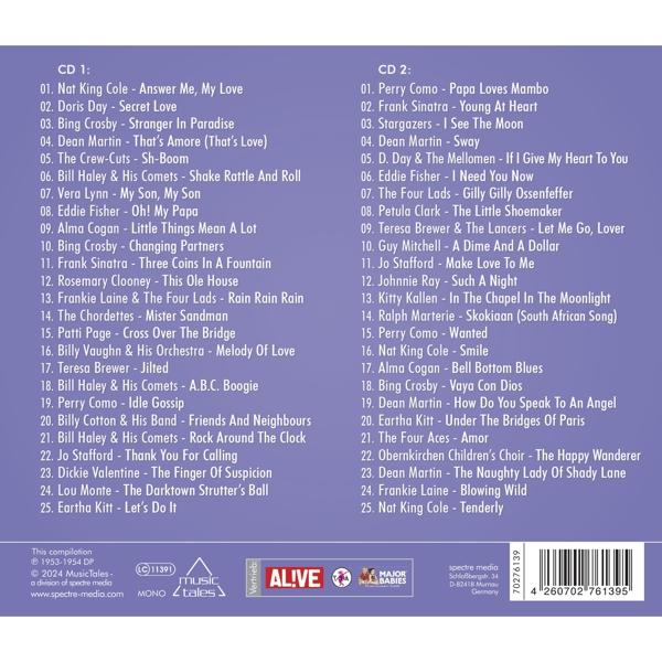 Albumcover mit Titeln und Künstlernamen. Listen enthalten CD1 und CD2. Der Text ist in Schwarzweiß gehalten.