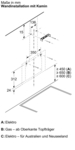 Diagramm mit Linien und Maßen, das die Abmessungen für eine Dunstabzugshaube zeigt.