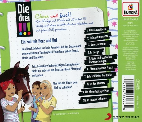 Rückseite einer CD mit farbenfroher Cover-Art und deutschem Text über eine Pferdegeschichte.
