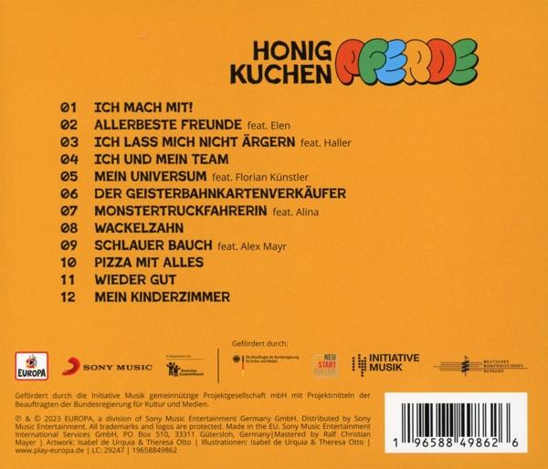Eine orangefarbene CD-Hülle mit farbenfrohem Design und Trackliste. Der Titel ist 'Honigkuchenpferde'.