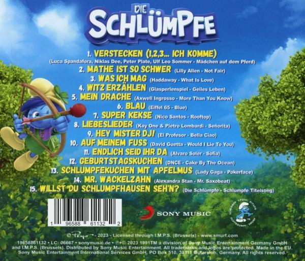 Rückseite einer CD-Hülle mit Songtiteln und Schlümpfen. Blauer und weißer Hintergrund.