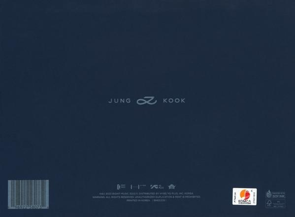 Dunkelblaues Albumcover mit dem Text "JUNG KOOK" und einem Barcode.