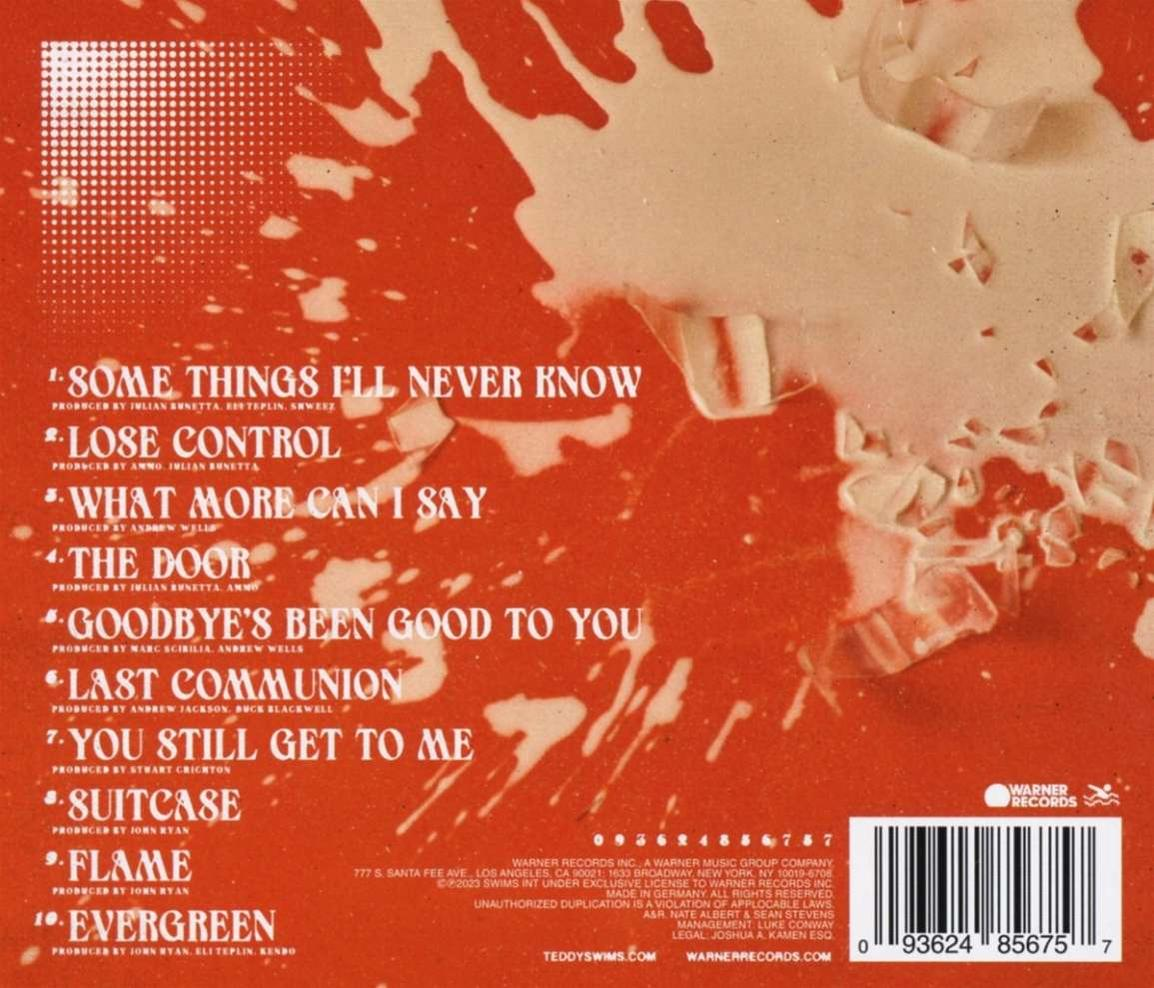 Albumcover mit Text auf rotem und weißem, beflecktem Hintergrund, mit Barcode und Warner Records Logo.