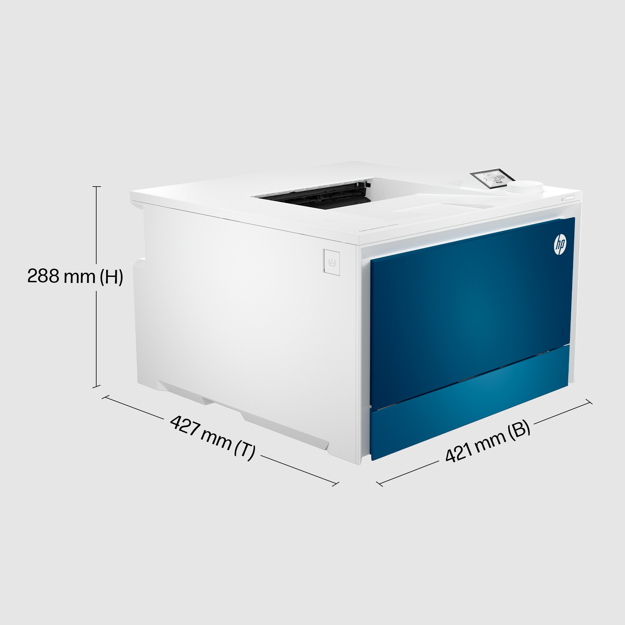 Ein weißer Drucker mit Abmessungen in mm.