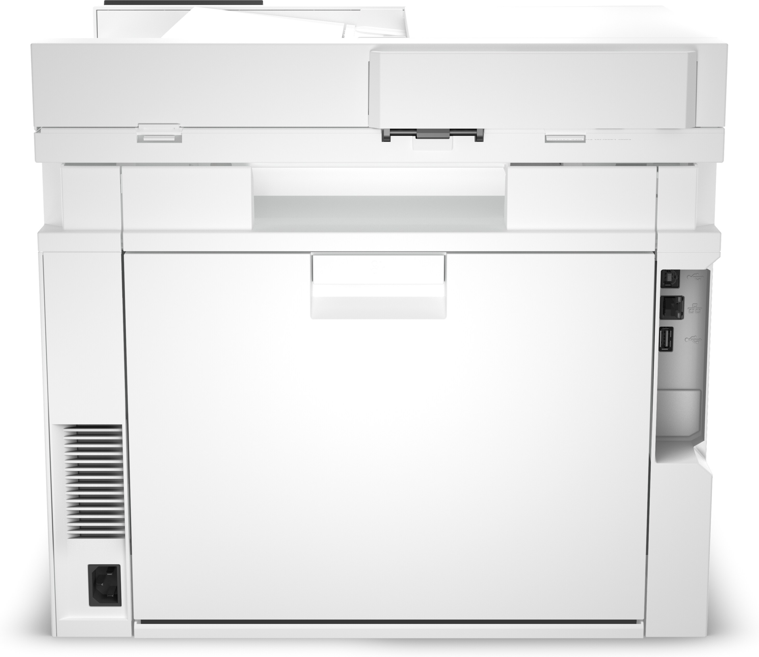 Ein weißer Drucker mit vorderem Papierfach. Der Drucker steht vor weißem Hintergrund.
