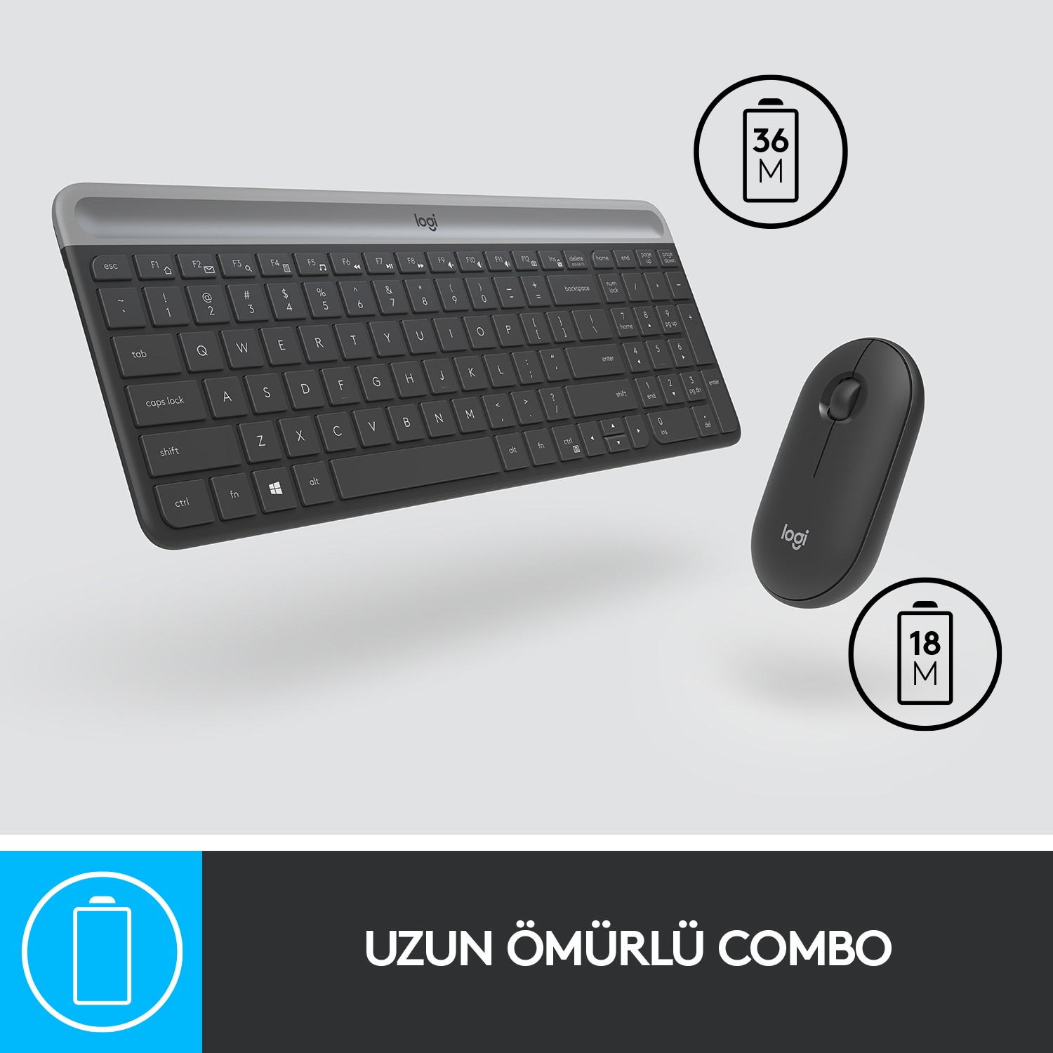 Siyah ve gri kablosuz klavye ve fare kombinasyonu. Klavyede tuşlar var, fare oval.