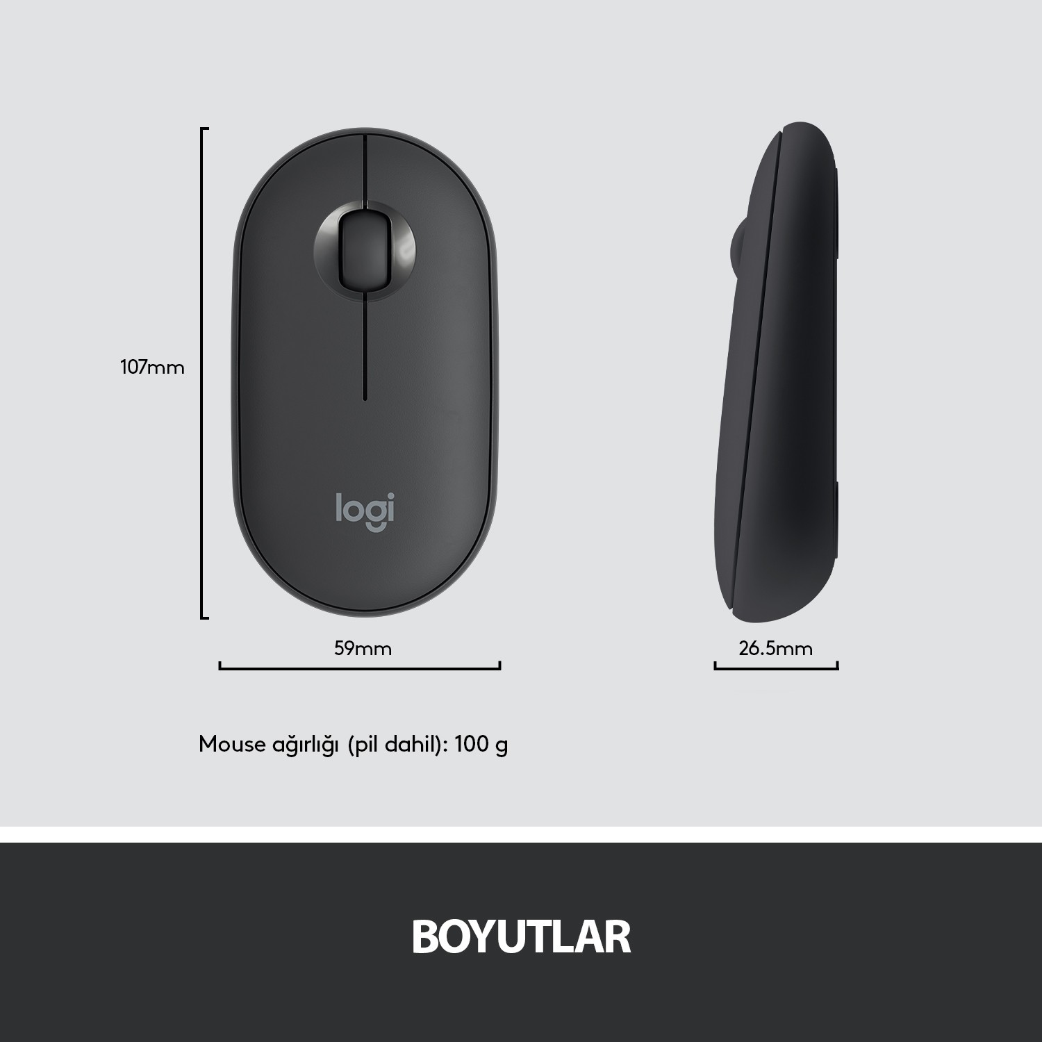 Yan görünümün yanında siyah bir fare. Boyutlar etiketlerle görüntülenir.
