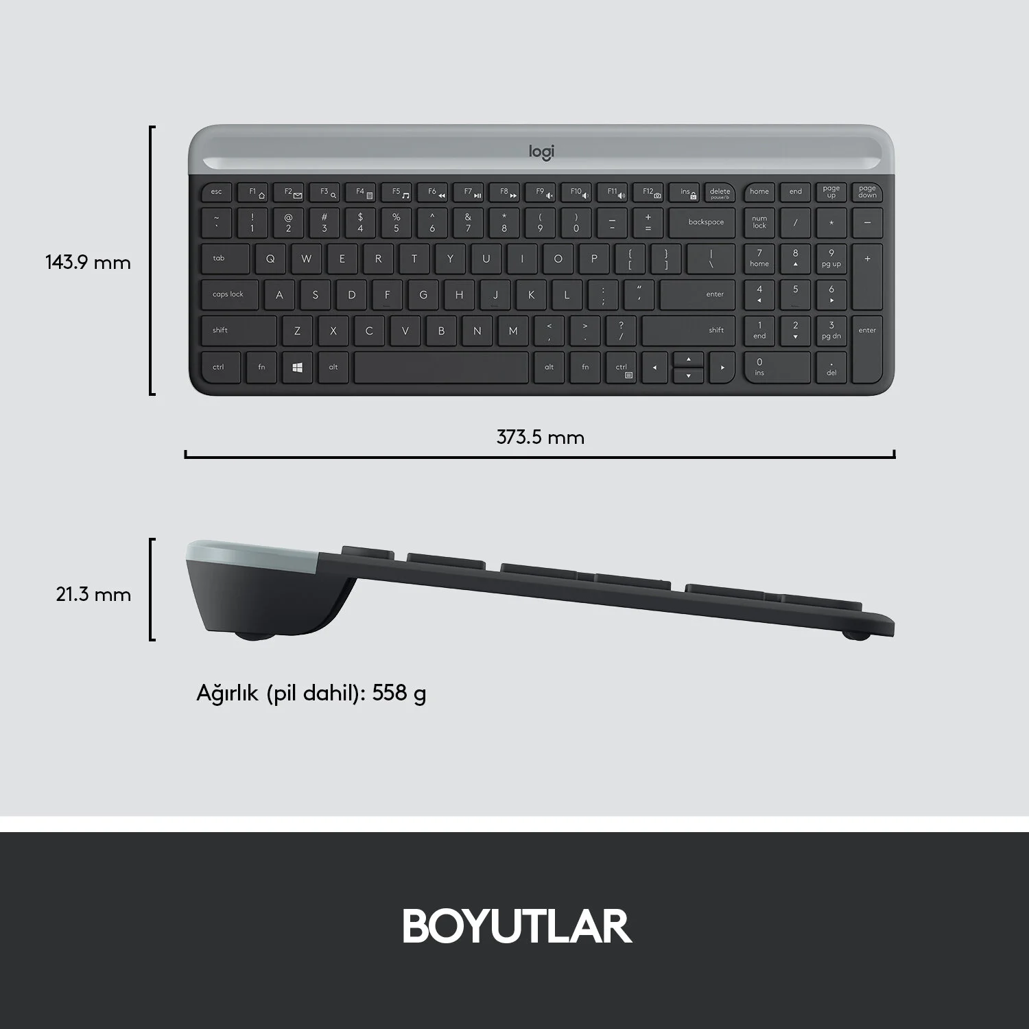 Boyutları gösterilen siyah bir Logitech klavye. Klavye kompakttır.
