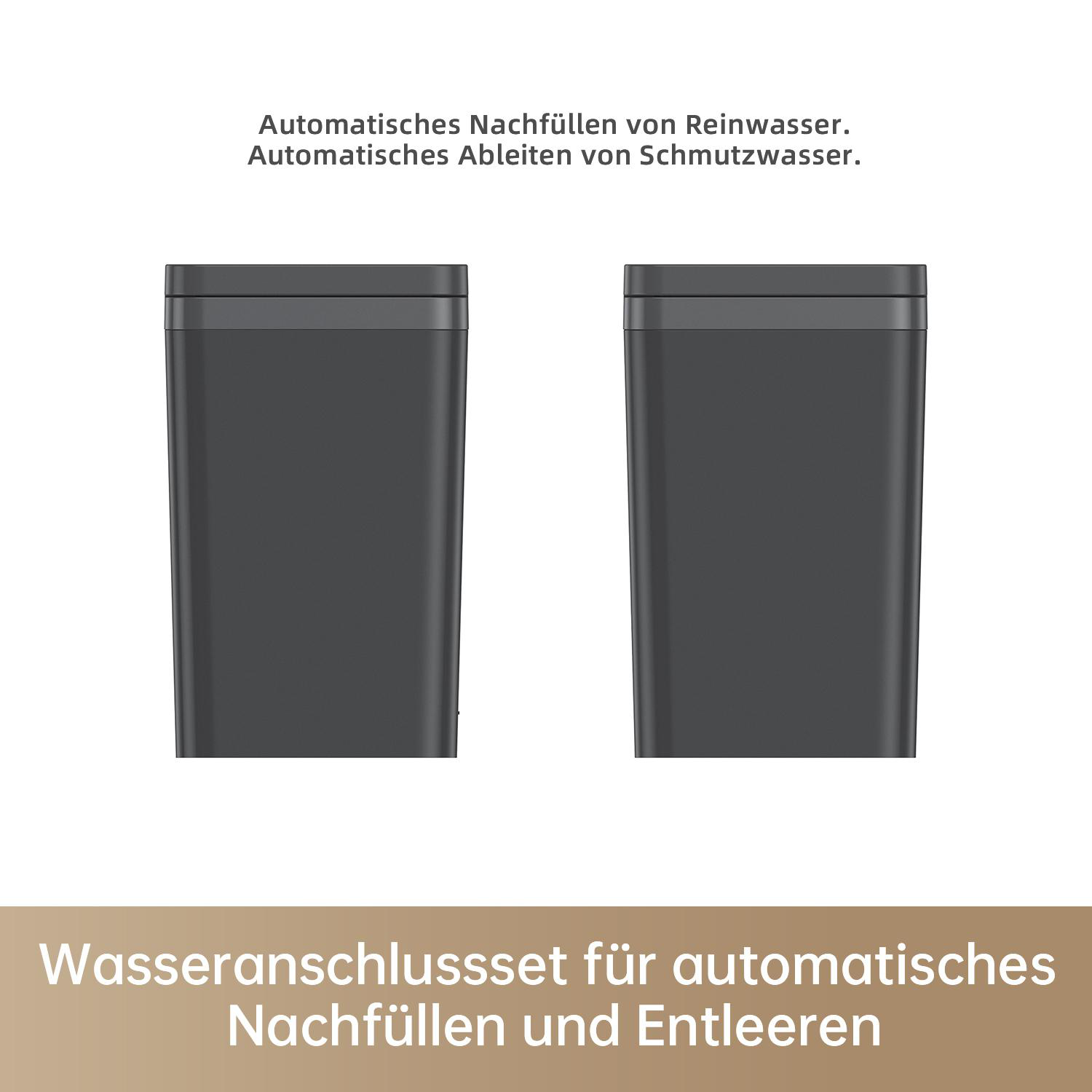 Zwei graue Wasserbehälter. Text: Automatisches Nachfüllen von sauberem Wasser.