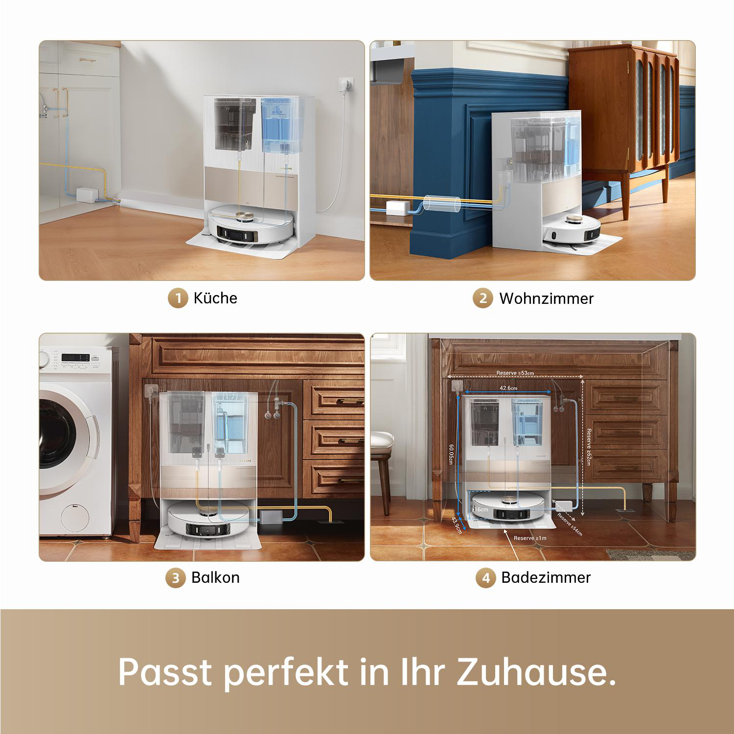 Roboter-Staubsauger in verschiedenen Räumen, zeigt Platzierung und Funktionen.