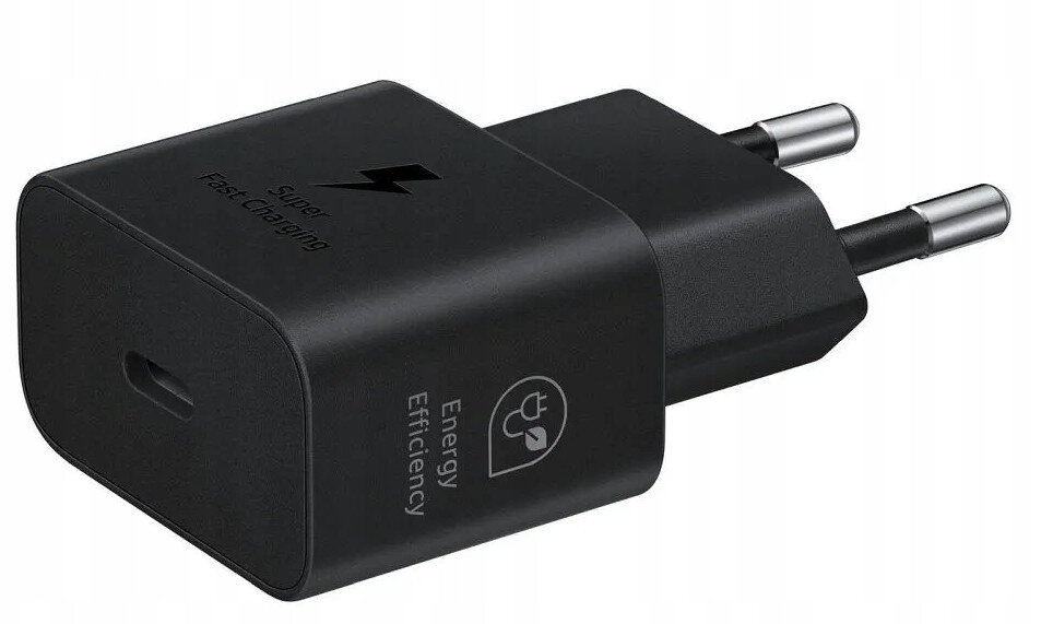 Czarna ładowarka z portem USB-C i wtyczką dwupinową, oznaczona napisem 'Super Fast Charging'.