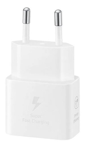 Biała ładowarka Samsung z dwoma srebrnymi bolcami i ikoną błyskawicy.