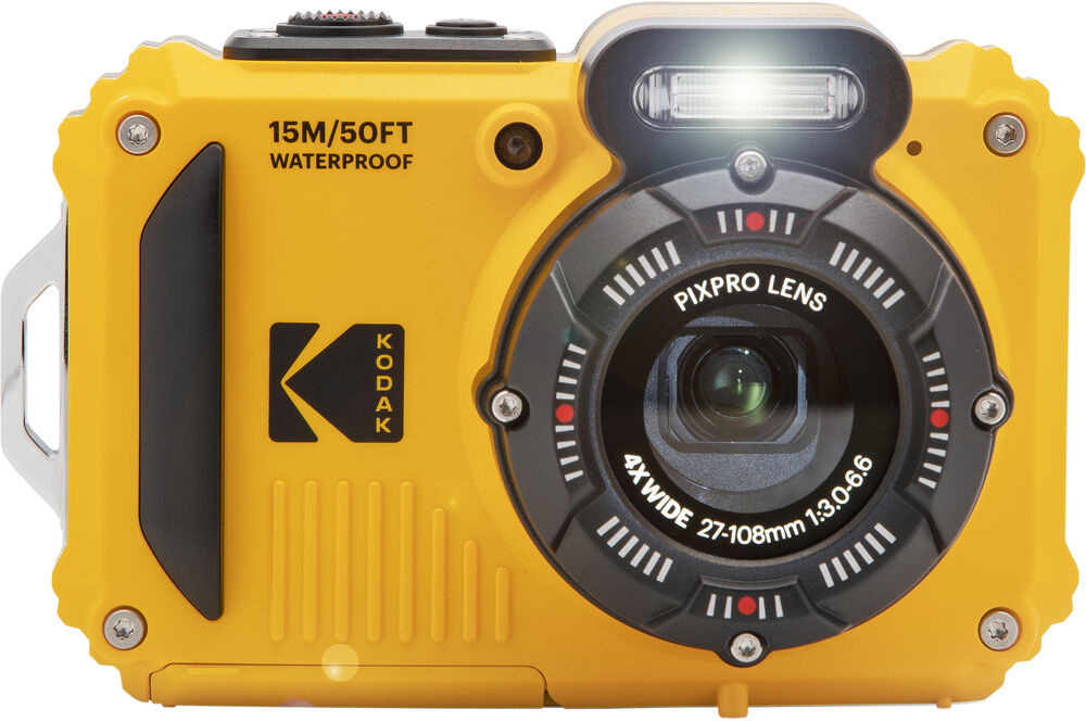 Sárga vízálló Kodak fényképezőgép, '15M/50FT WATERPROOF' és 'PIXPRO LENS' felirattal.