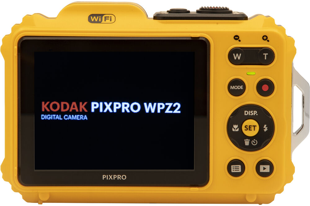 Sárga Kodak Pixpro WPZ2 kamera hátlapja. A képernyő szöveget jelenít meg.