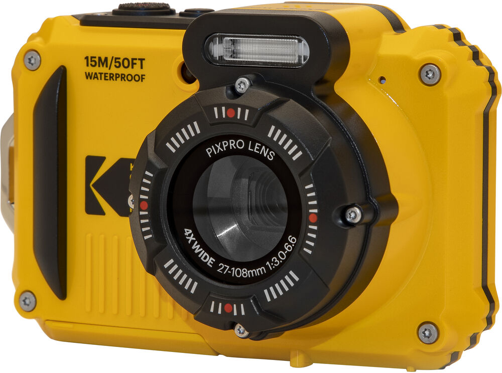 Sárga Kodak vízálló kamera. Fekete lencse, gombok és vízállóságot jelző szöveg.