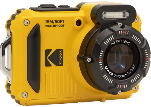 Sárga Kodak vízálló kamera, fekete részletekkel és objektívvel.