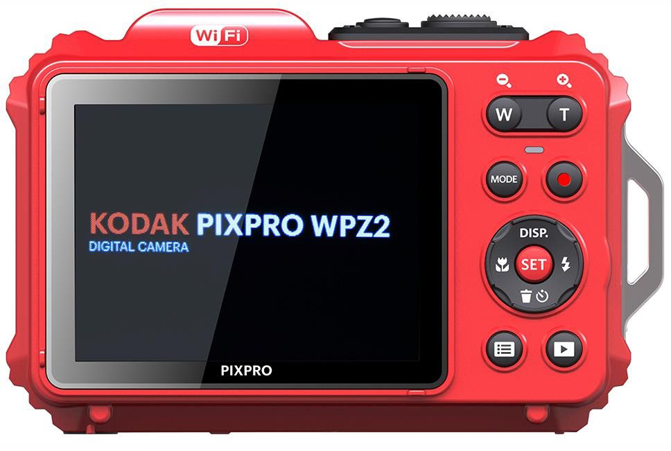 Egy piros Kodak Pixpro WPZ2 digitális fényképezőgép. A hátulján egy képernyő és gombok láthatók. Felül egy Wifi szimbólum van.