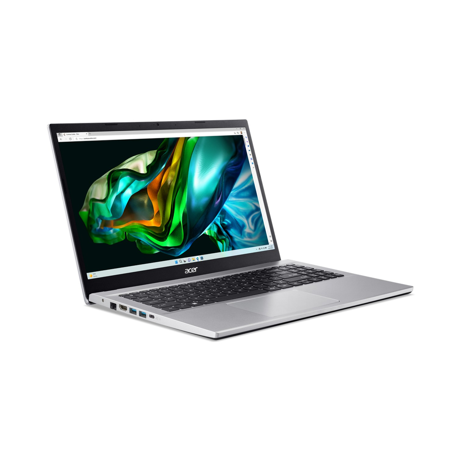 Ordinateur portable Acer argenté sur fond blanc, l'écran affiche une image colorée.