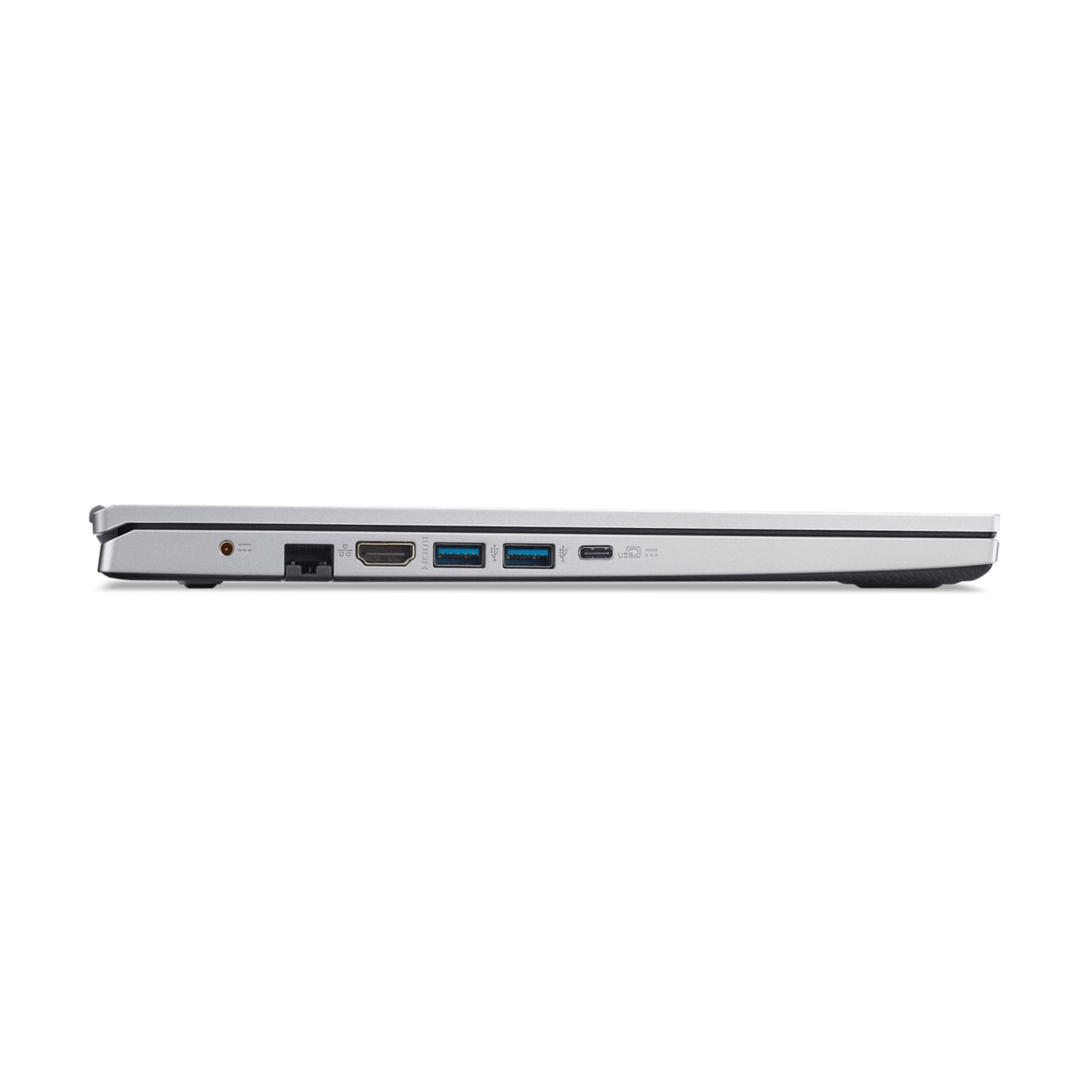 Profil latéral d'un ordinateur portable argenté, montrant les ports. Ports USB, HDMI et de charge visibles.