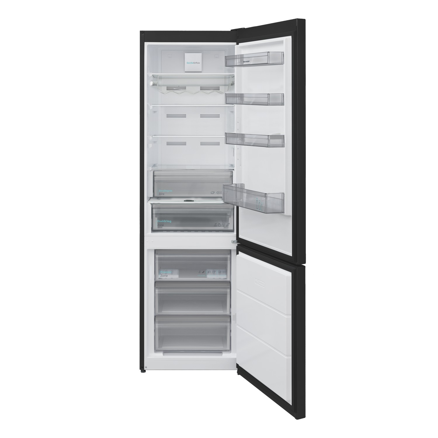 Open koelkast met planken, laden en een FreshZone-compartiment, allemaal in zwart en wit.