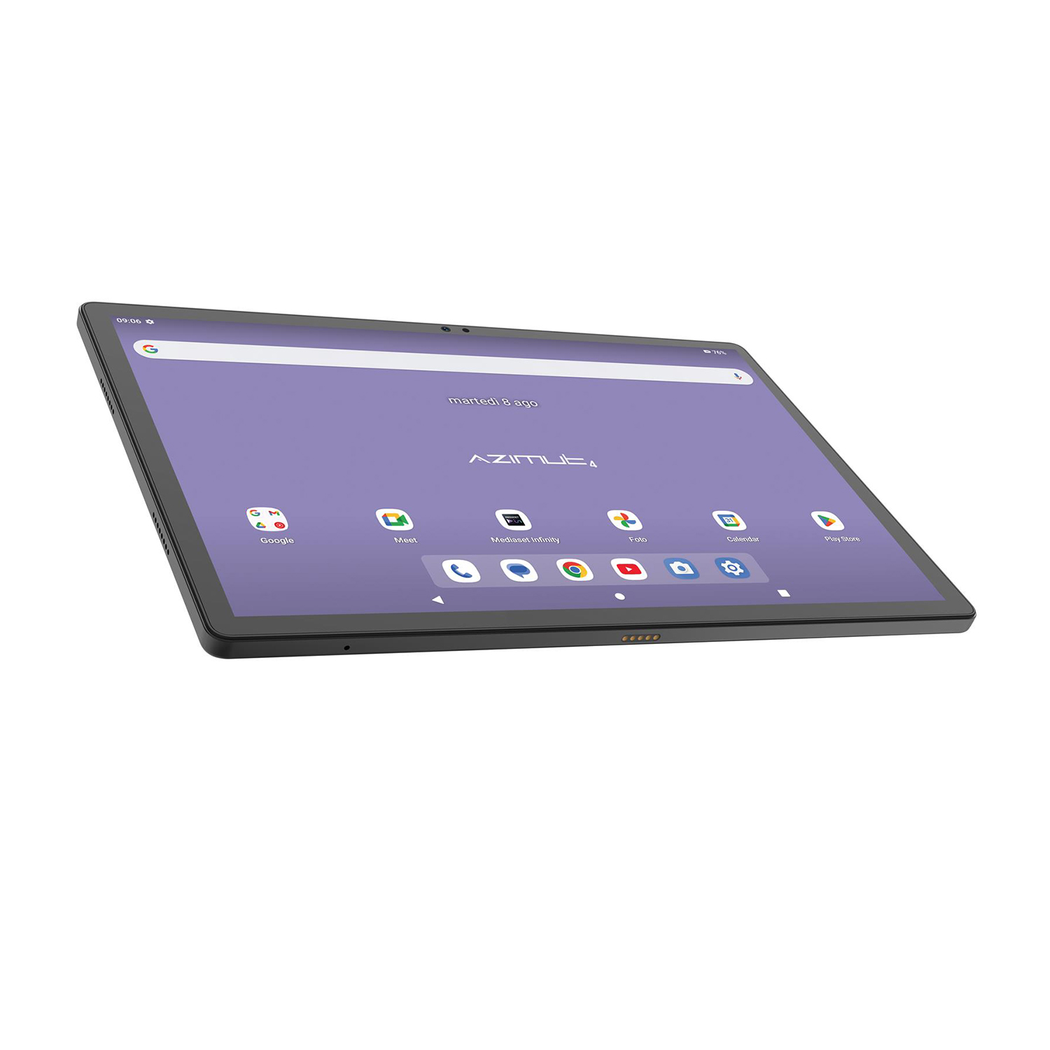 Tablet nero con schermo viola. Lo schermo mostra icone e l'ora.