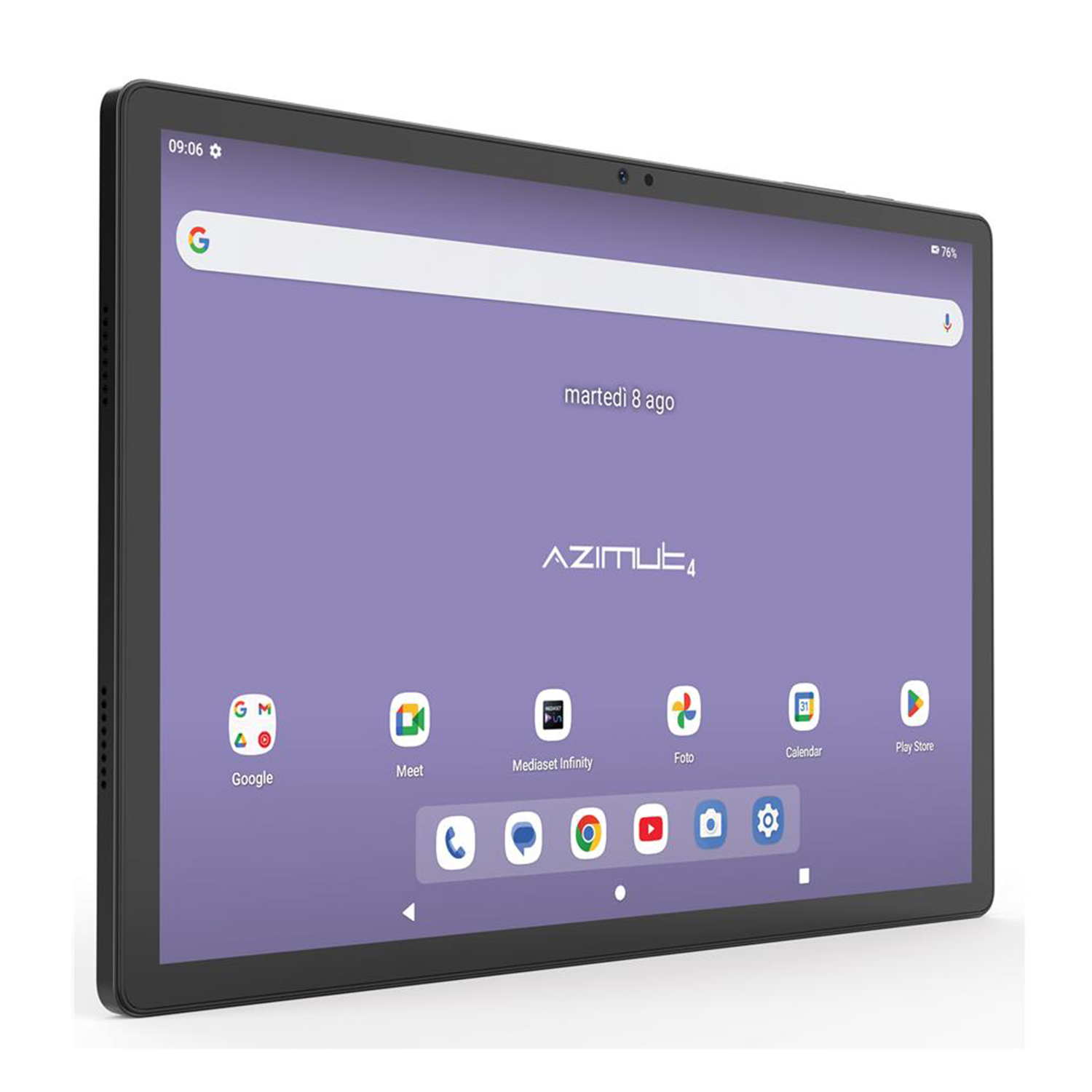 Un tablet mostra uno schermo lilla. L'ora è 09:06. Ci sono icone di app in basso.
