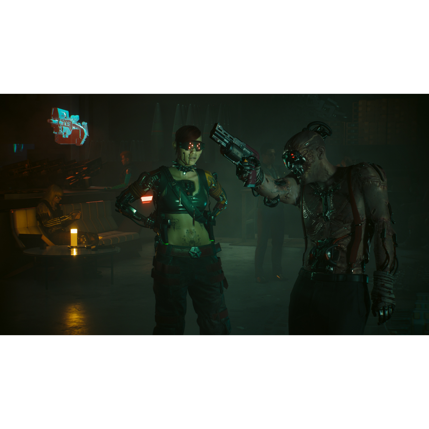 Twee figuren in een donkere cyberpunk-omgeving, een met een geweer.