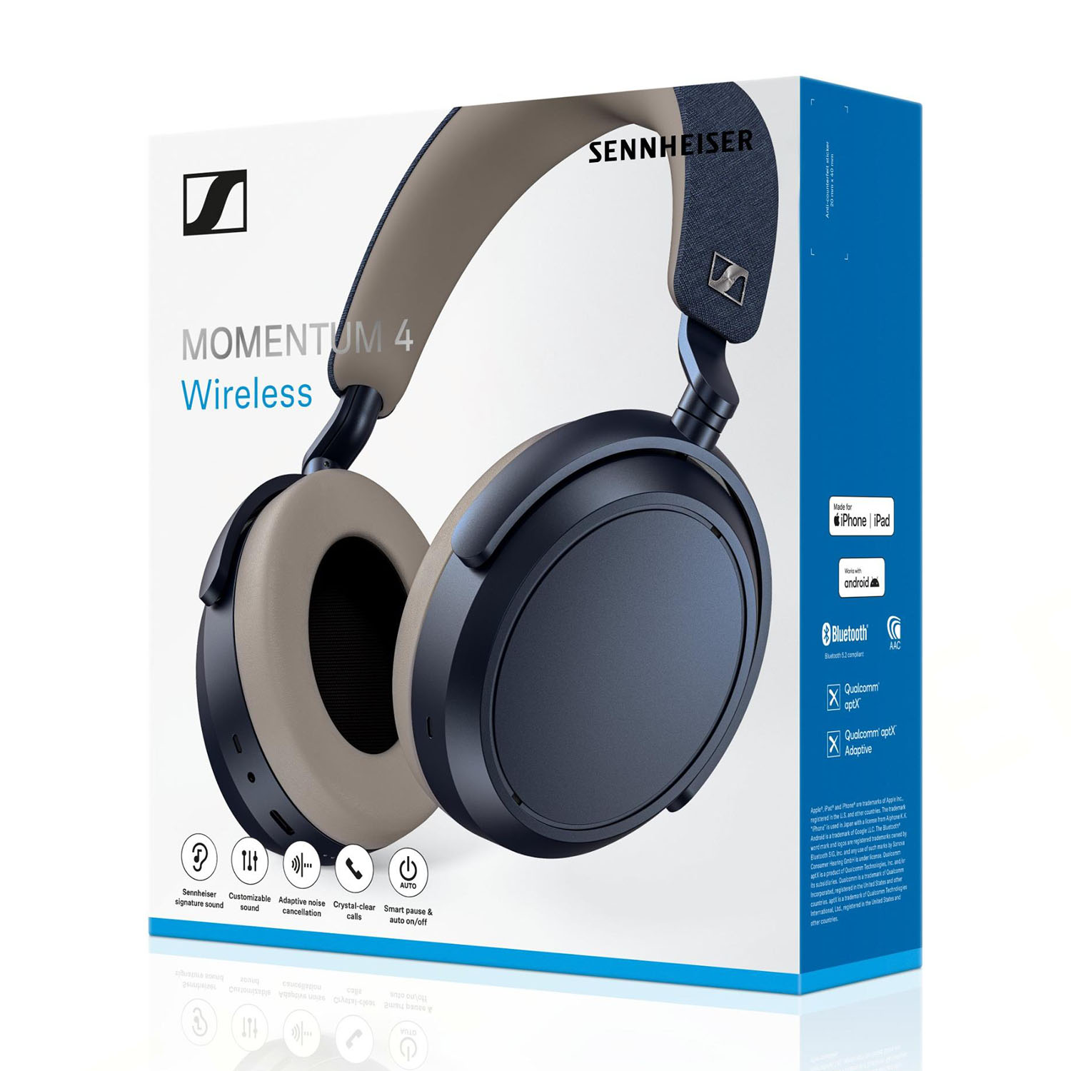 Cuffie Sennheiser Momentum 4 Wireless su una scatola bianca e blu. Le cuffie sono nere e beige.