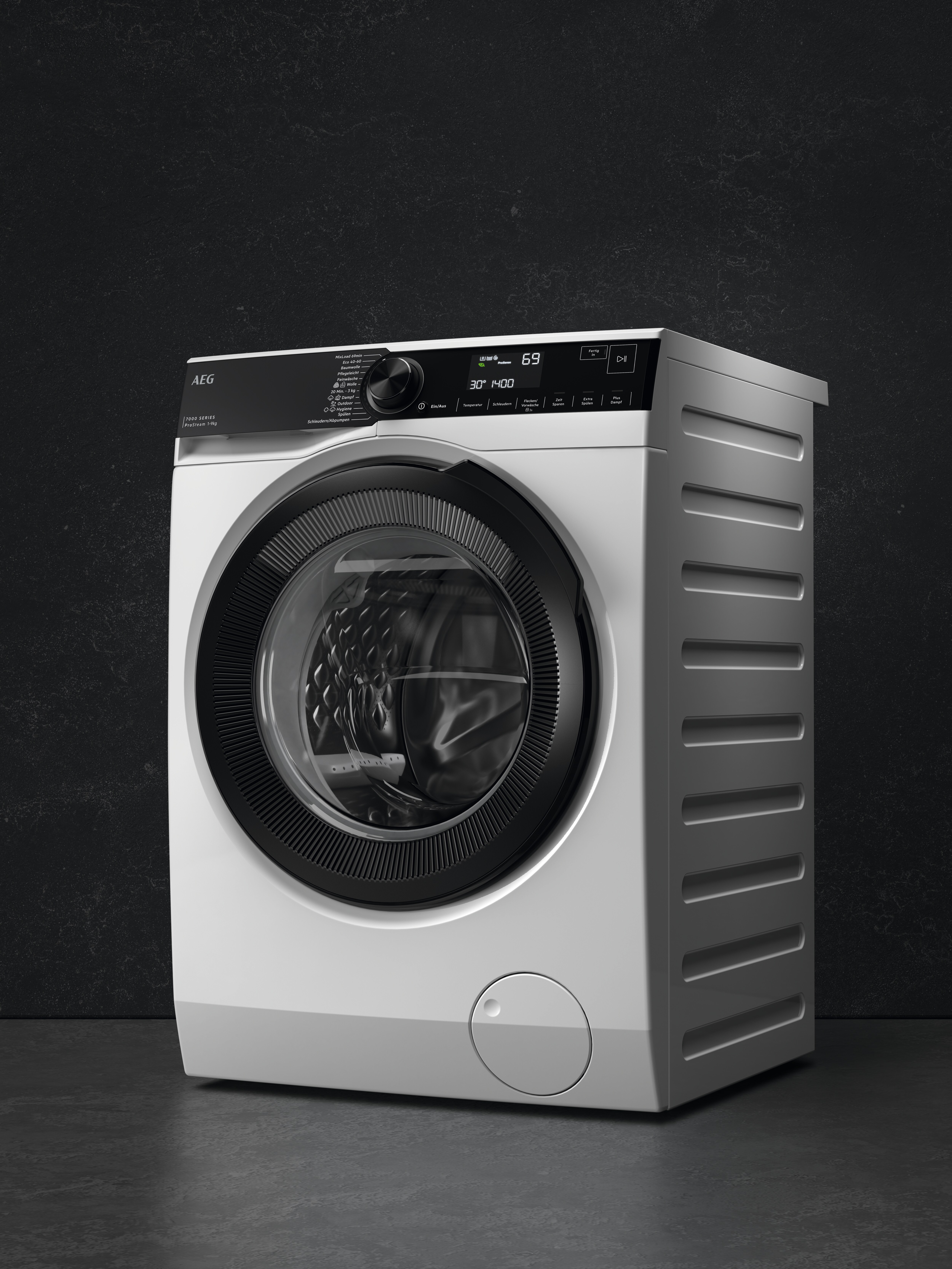 Lave-linge blanc avec des accents noirs, affichage numérique et fond texturé sombre.