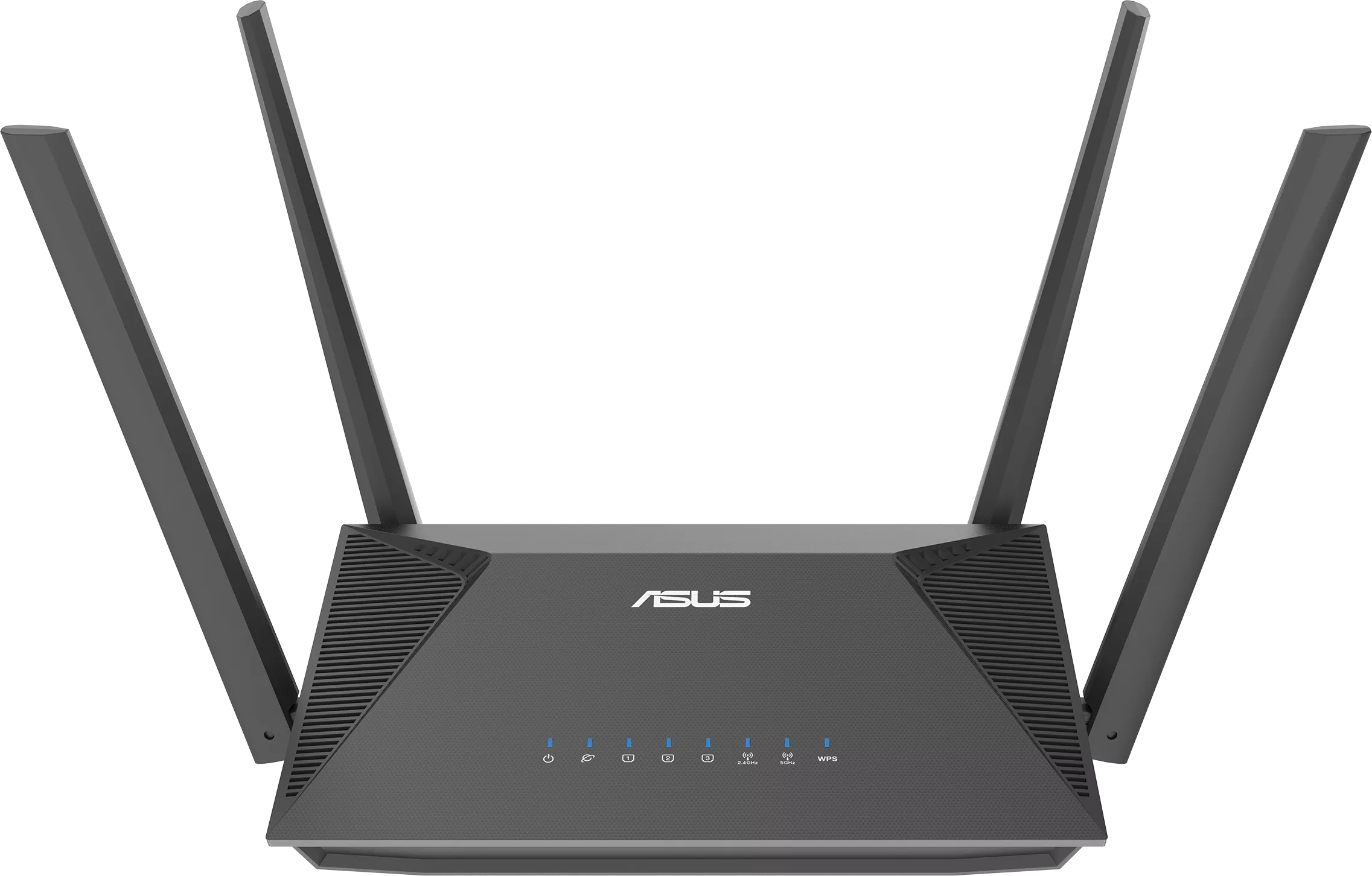 Fekete ASUS router négy antennával és kék LED-fényekkel. Sötét háttér.