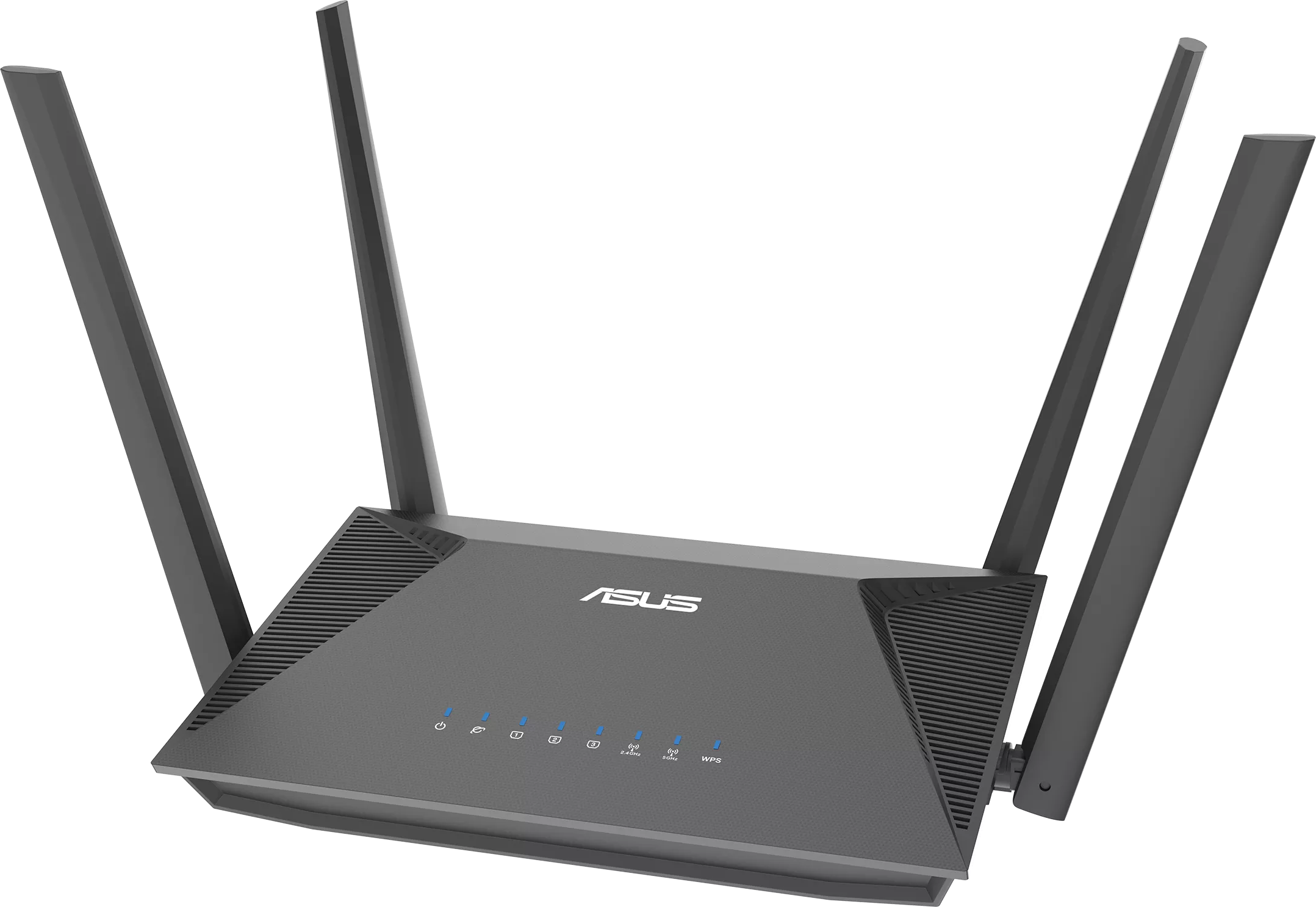 Fekete ASUS router négy antennával. Kék LED-ek láthatók. Szögletes nézet.