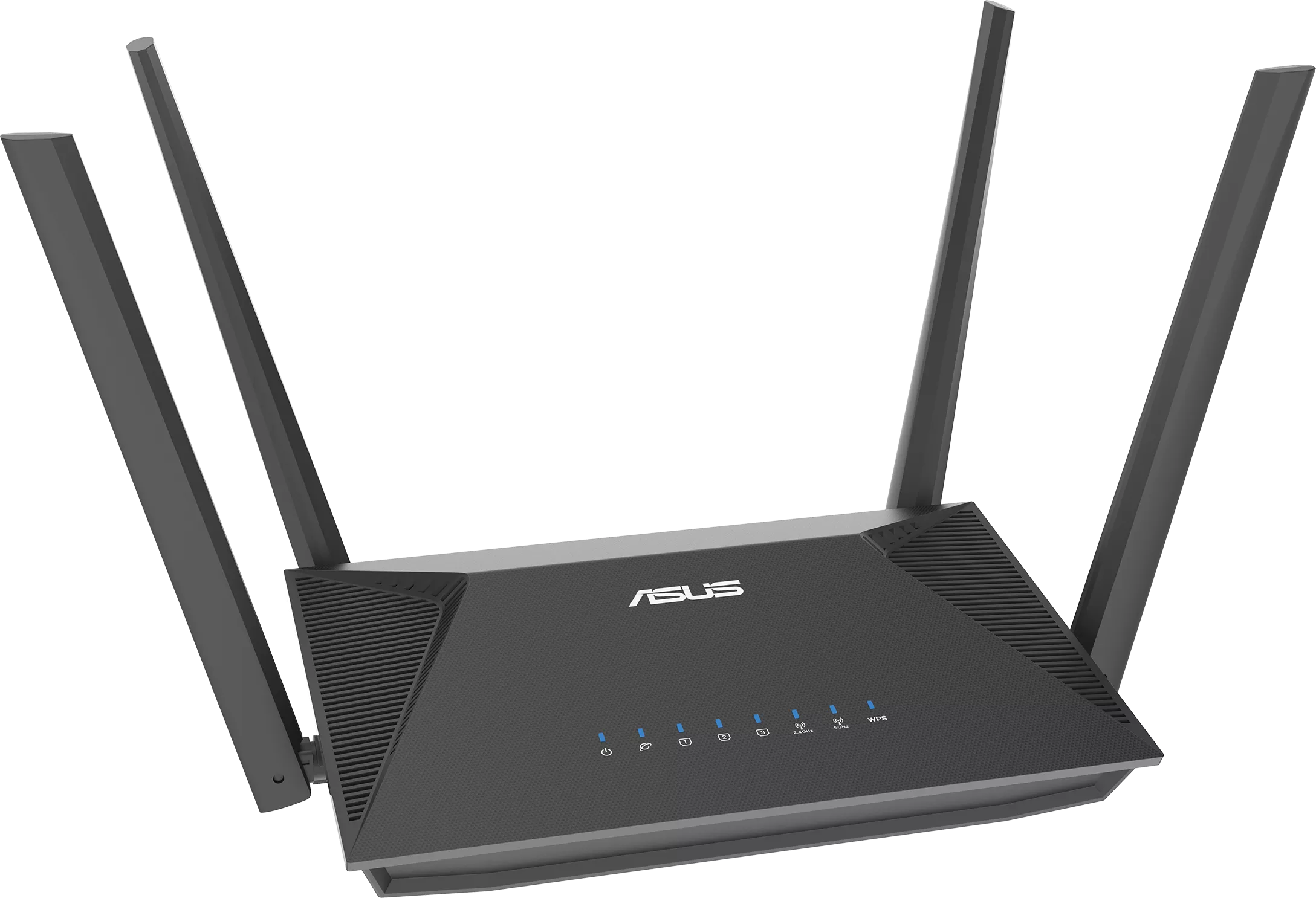 Fekete ASUS router négy antennával. A router elején jelzőfények vannak. Fekete háttér.