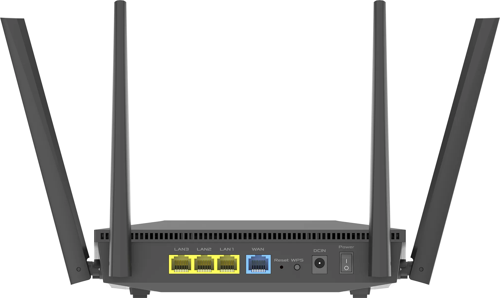 Fekete router antennákkal, LAN, WAN és tápellátás feliratú portokkal.