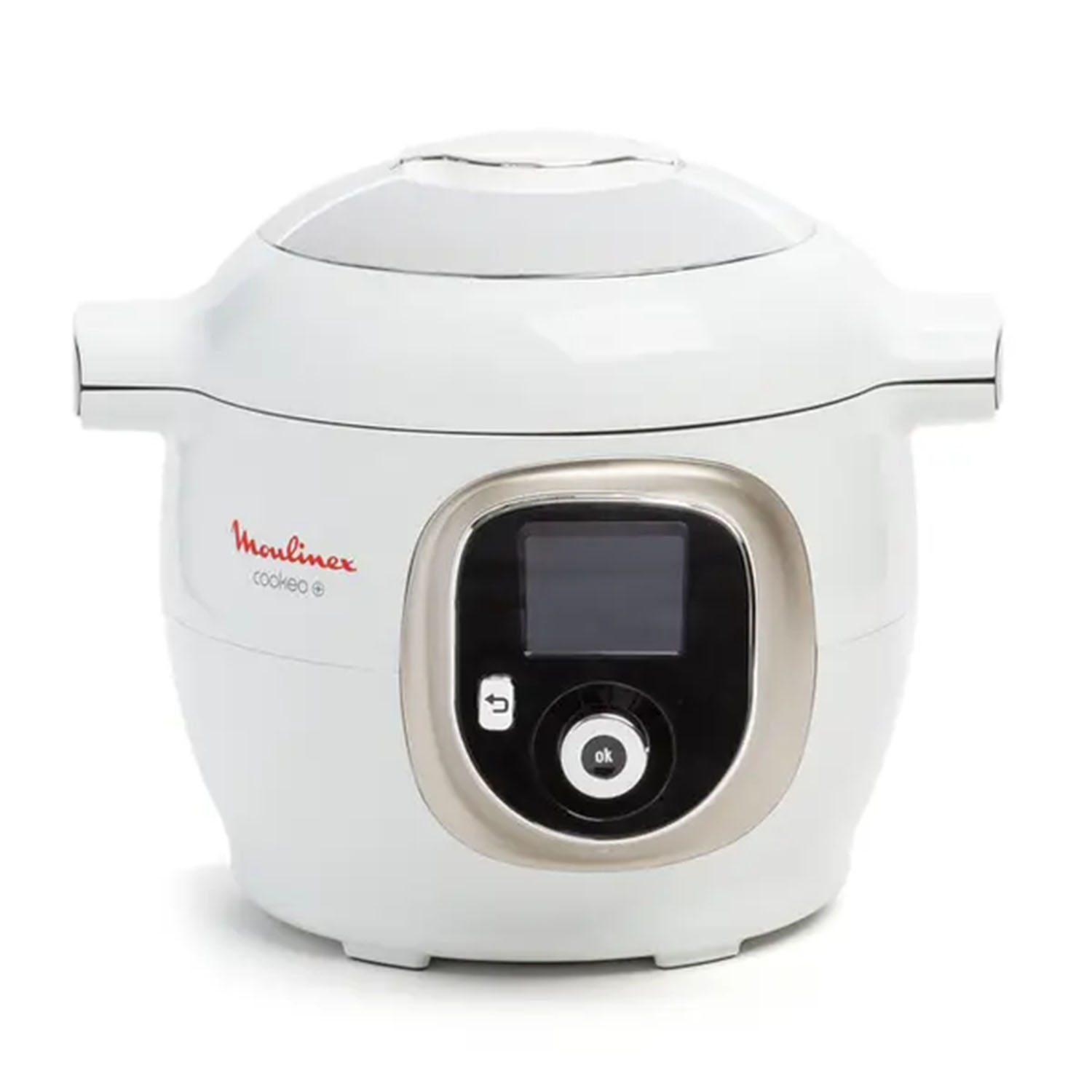 Pentola a pressione Moulinex Cookeo bianca e argento su sfondo bianco. Ha un display.