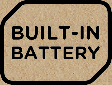 Text in einem rechteckigen Feld: 'BUILT-IN BATTERY', mit tanfarbenem Hintergrund und schwarzem Rand.