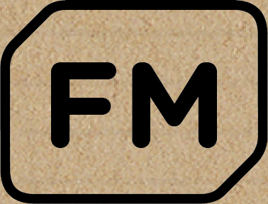 FM-Logo in einem braunen Quadrat mit schwarzem Rand.