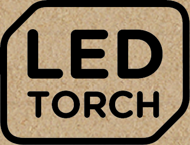 Eine quadratische Grafik mit den Worten 'LED TORCH' in einer beigefarbenen Form.