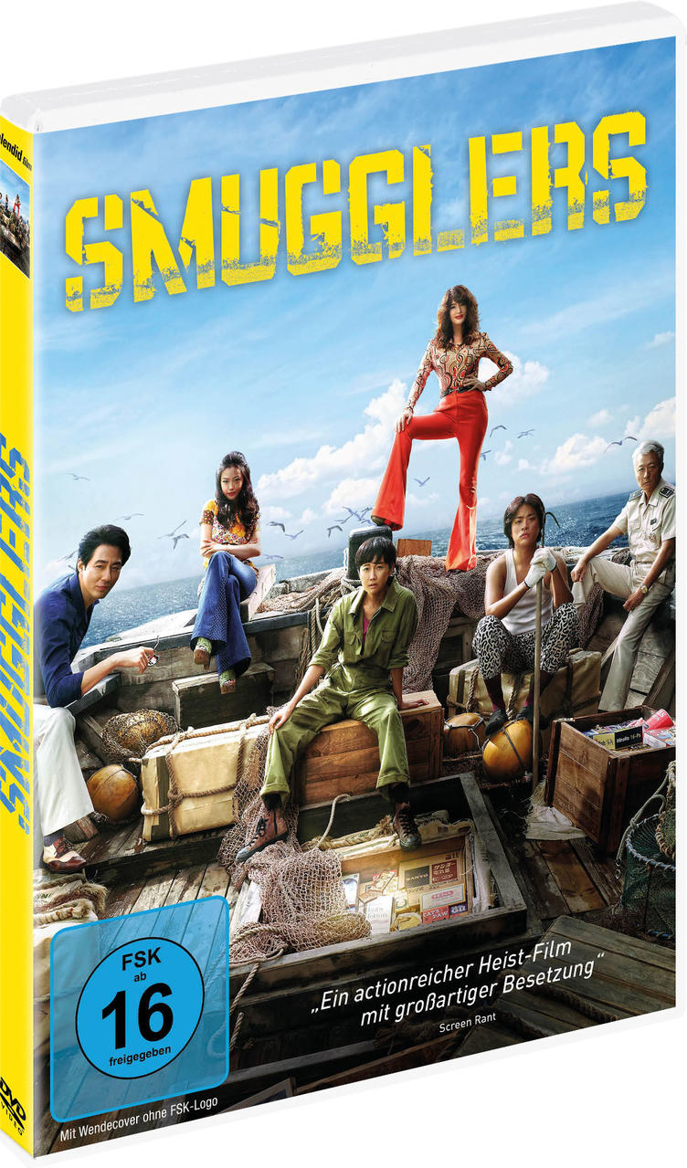DVD-Cover eines Films mit einer Gruppe von Leuten auf einem Boot unter blauem Himmel, betitelt "Smugglers".