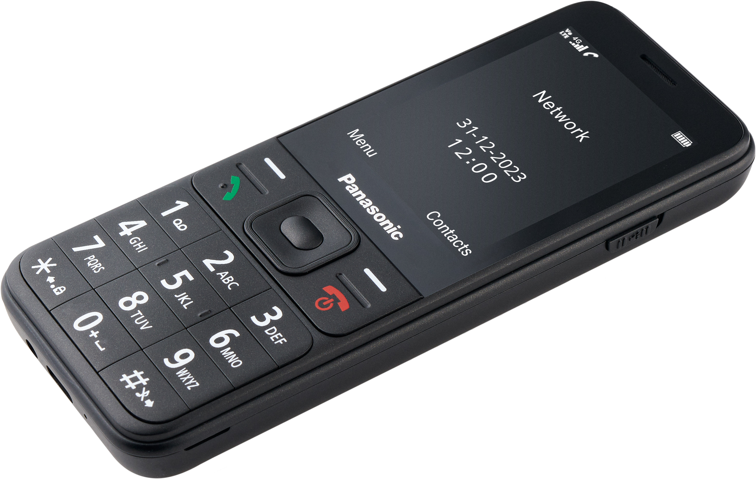 Fekete Panasonic telefon numerikus billentyűzettel, dátumot és időt mutat.