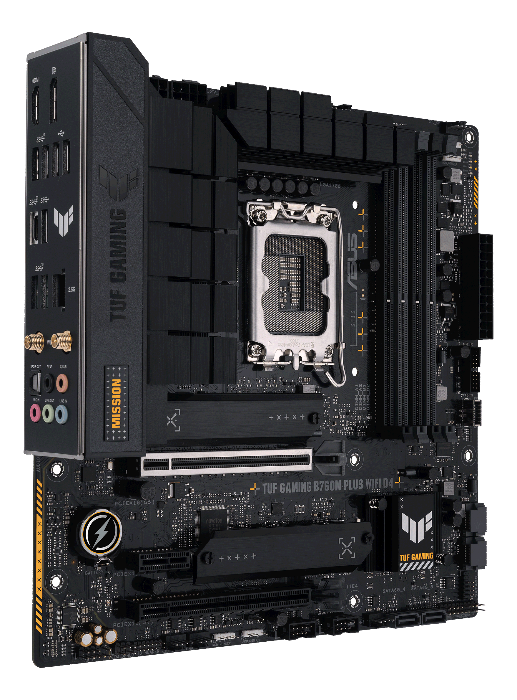 Computer-Motherboard mit TUF GAMING und ASUS-Branding, mit verschiedenen Komponenten.