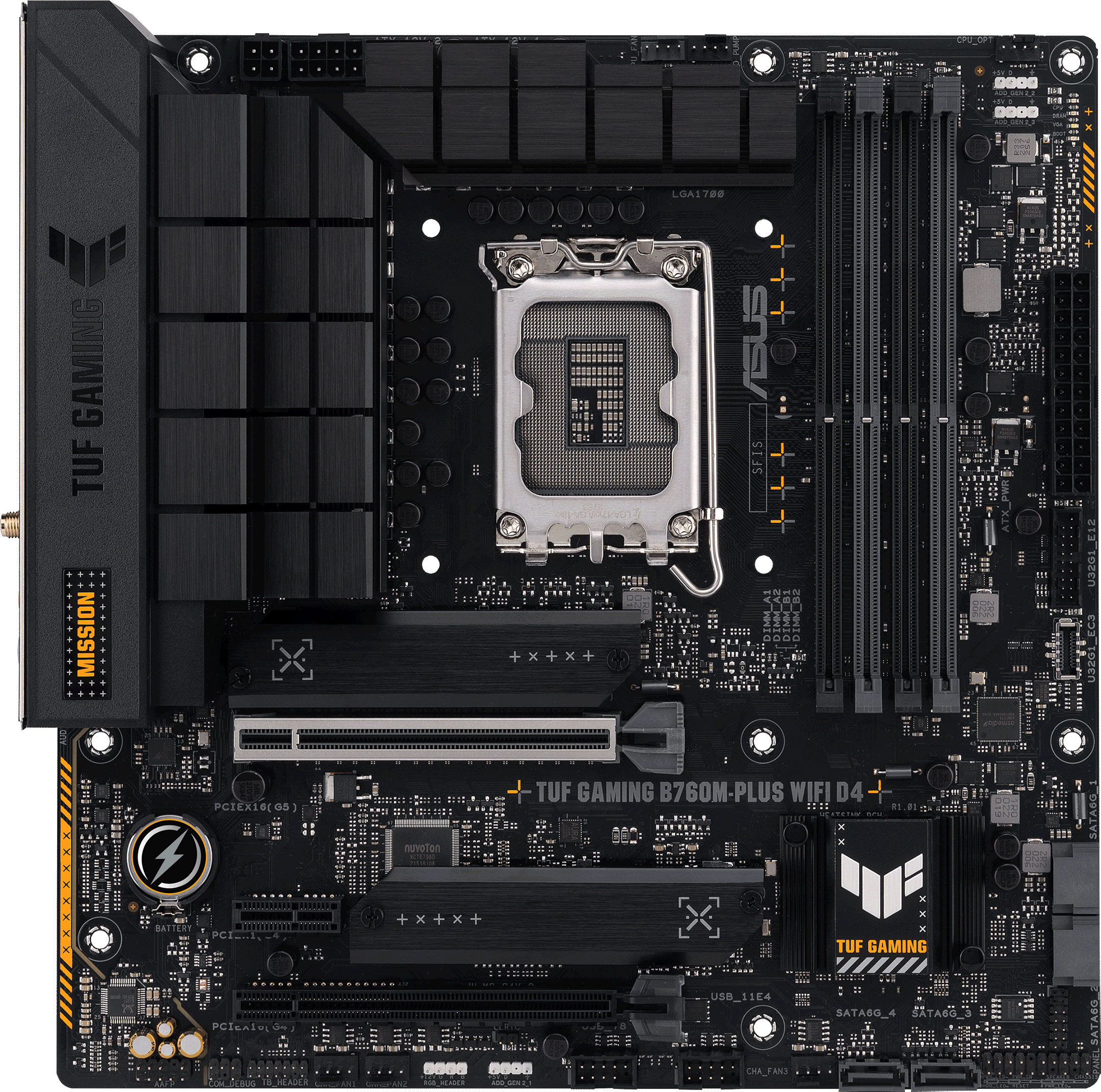 Schwarzes ASUS TUF GAMING-Motherboard mit verschiedenen Komponenten.